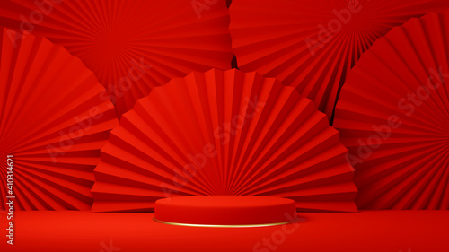 Podium  pedestal or platform  background for the presentation of cosmetic products. Place for ads. 3D rendering red stage geometry with gold. Product presentation blank podium.
