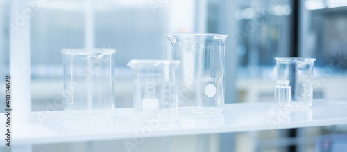Breaker and glassware in Chemical laboratory. Analysis of Science, biological medical, research and development concepts