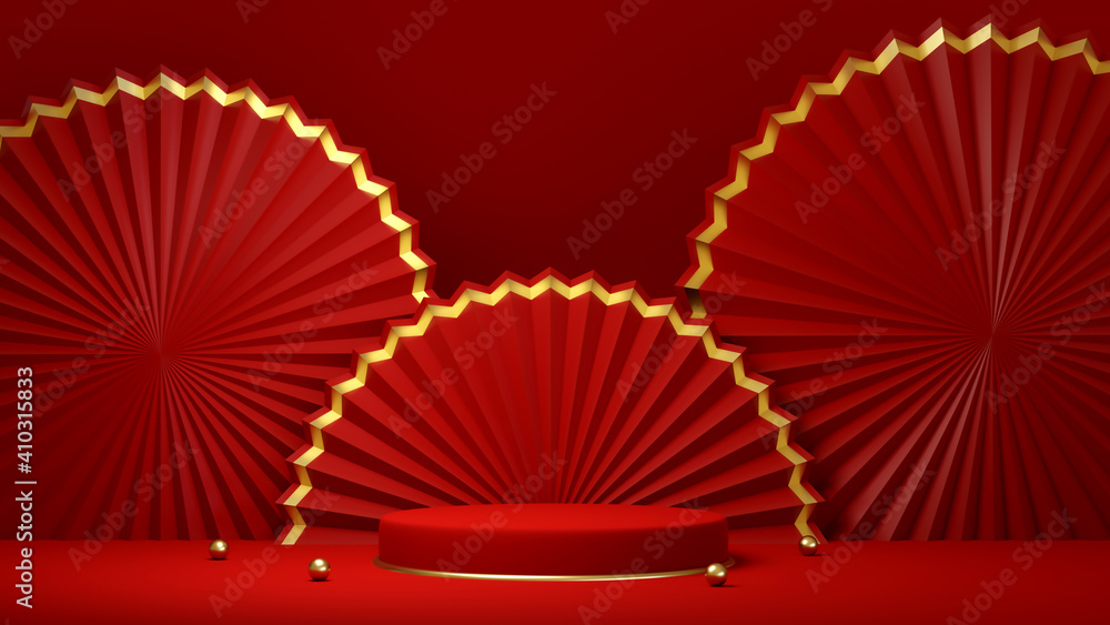 Podium, pedestal or platform, background for the presentation of cosmetic products. Place for ads. 3D rendering red stage geometry with gold. Product presentation blank podium.