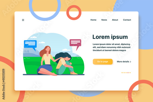 Friend talking and consoling sad woman. Nature, speech bubble, support flat vector illustration. Depression and melancholy concept for banner, website design or landing web page