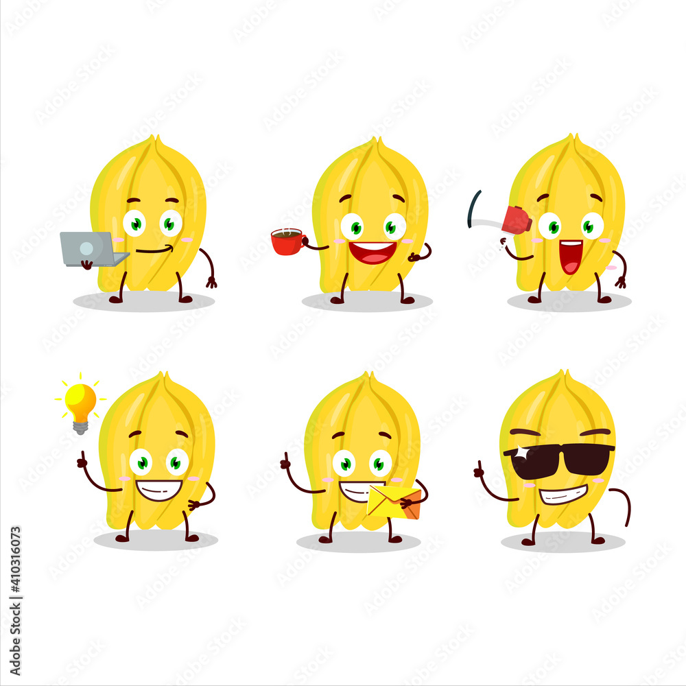 Carambola cartoon character with various types of business emoticons