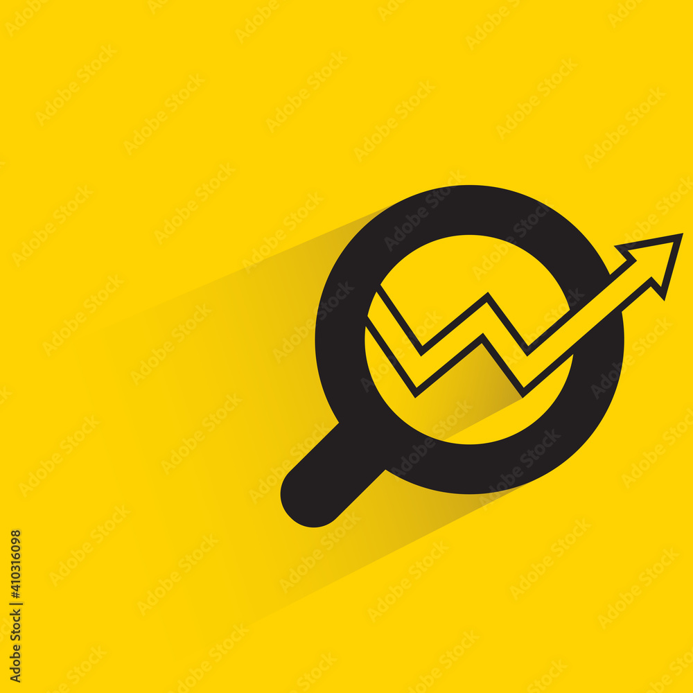 magnifier glass and arrows chart with shadow on yellow background magnifier glass and arrows chart with shadow on yellow background
