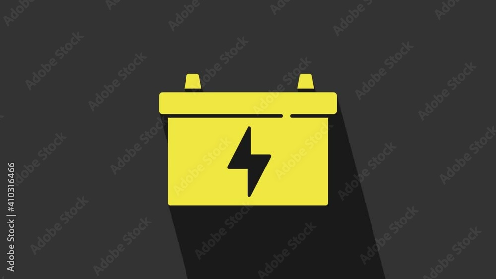 Yellow Car battery icon isolated on grey background. Accumulator battery energy power and electricity accumulator battery. 4K Video motion graphic animation