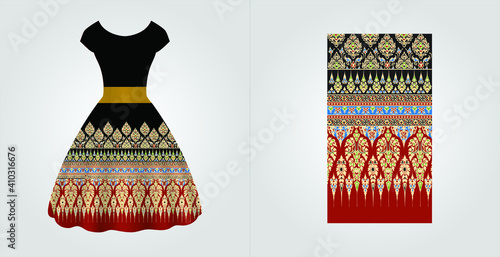 Vertical seamless fashion background. Women's long dress mock up with bright seamless hand drawn pattern for textile, 