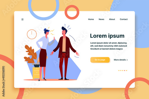 Female boss scolding male office worker. Quarrel flat vector illustration. Conflict at work concept for banner, website design or landing web page