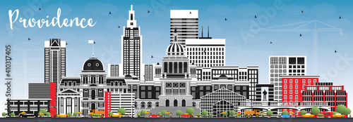 Providence Rhode Island City Skyline with Color Buildings and Blue Sky.