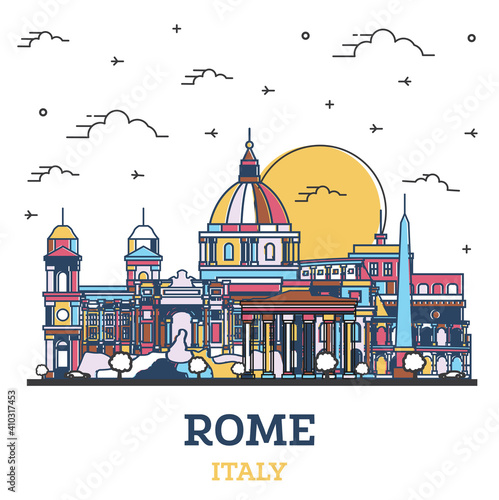 Outline Rome Italy City Skyline with Color Buildings Isolated on White.