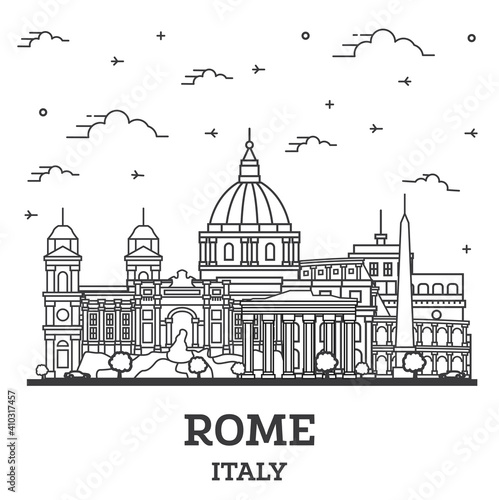 Outline Rome Italy City Skyline with Historic Buildings Isolated on White.