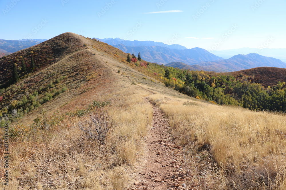 The trail crosses the spine of the ridge in East Canyon at the Wasatch Mountains near Morgan, Utah