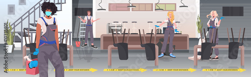 professional cleaners mix race janitors team cleaning and disinfecting floor to prevent coronavirus pandemic modern cafe interior horizontal full length vector illustration