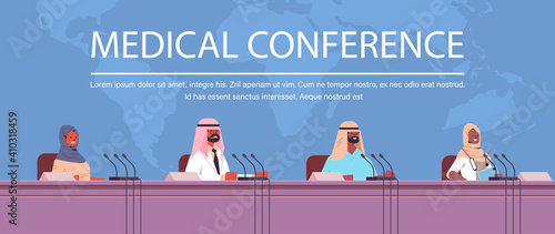 team of arabic doctors giving speech at tribune with microphone on medical conference medicine healthcare concept world map background horizontal portrait copy space vector illustration
