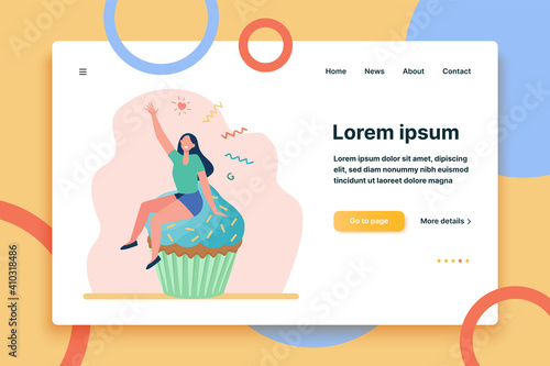 Happy woman enjoying dessert. Cheerful girl sitting on cupcake flat vector illustration. Bakery, pastry, food concept for banner, website design or landing web page