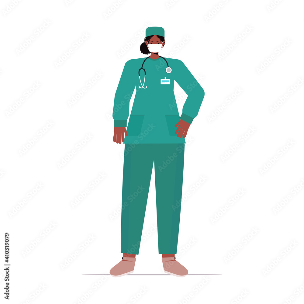 female doctor in uniform wearing mask to prevent coronavirus pandemic labor day celebration concept full length isolated vector illustration female doctor in uniform wearing mask to prevent coronavirus pandemic labor day celebration concept full length isolated vector illustration