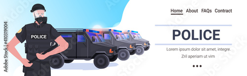 policeman in full tactical gear riot police officer holding baton protesters and demonstration riots mass control concept portrait horizontal vector illustration