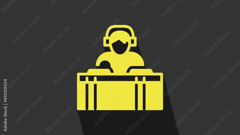 Yellow DJ wearing headphones in front of record decks icon isolated on grey background. DJ playing music. 4K Video motion graphic animation Yellow DJ wearing headphones in front of record decks icon isolated on grey background. DJ playing music. 4K Video motion graphic animation