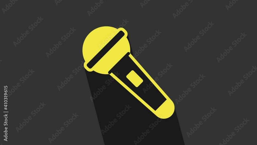 Yellow Microphone icon isolated on grey background. On air radio mic microphone. Speaker sign. 4K Video motion graphic animation Yellow Microphone icon isolated on grey background. On air radio mic microphone. Speaker sign. 4K Video motion graphic animation