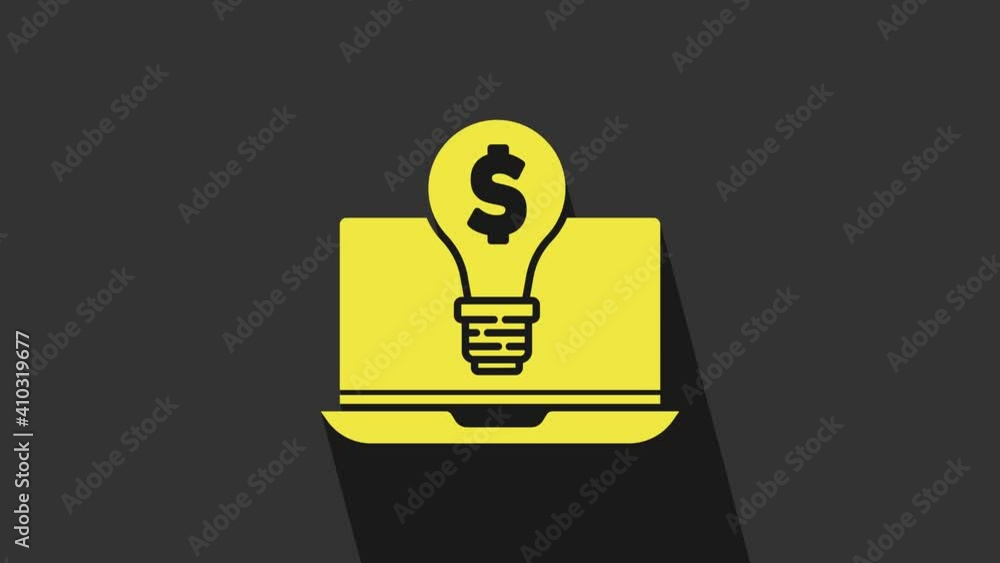 Yellow Business light bulb with dollar on laptop screen icon isolated on grey background. User touch screen. 4K Video motion graphic animation Yellow Business light bulb with dollar on laptop screen icon isolated on grey background. User touch screen. 4K Video motion graphic animation