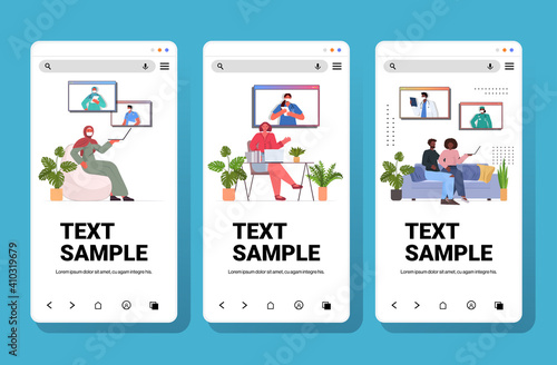 set mix race people discussing with doctors during video call online medical consultation coronavirus quarantine self isolation concept smartphone screens scollection vector illustration