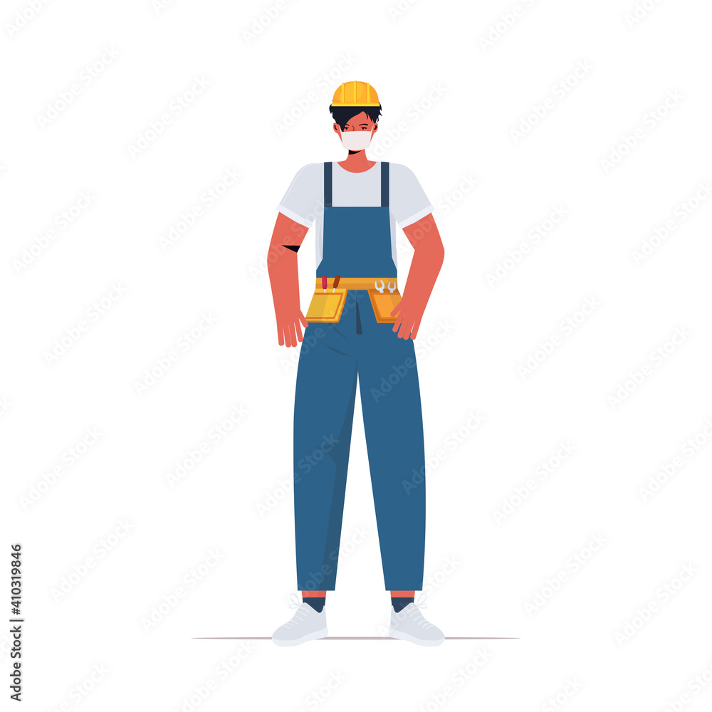 workman in uniform wearing mask to prevent coronavirus pandemic labor day celebration concept construction worker standing pose full length isolated vector illustration