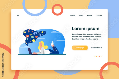 Girl suffering from internet addiction. Woman using laptop, bubble with social media signs messy flat vector illustration. Online communication concept for banner, website design or landing web page