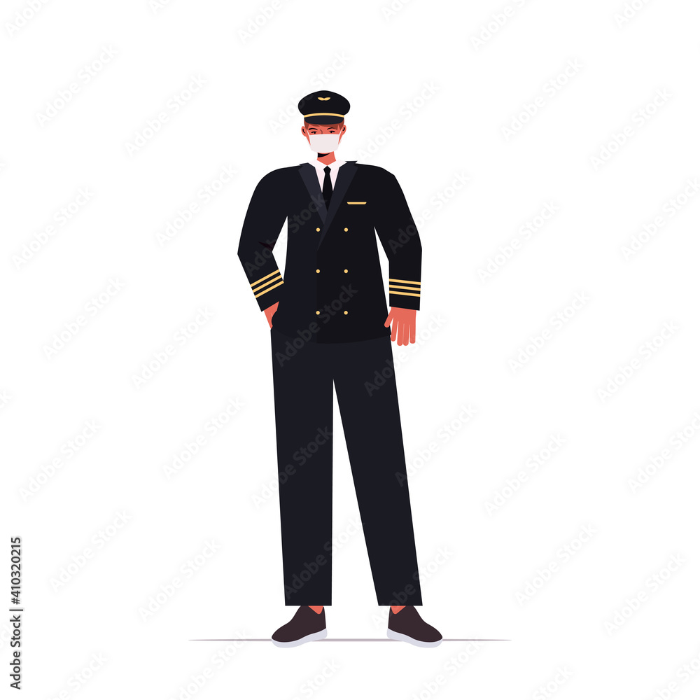 pilot in uniform wearing mask to prevent coronavirus pandemic self isolation labor day celebration concept full length vector illustration pilot in uniform wearing mask to prevent coronavirus pandemic self isolation labor day celebration concept full length vector illustration