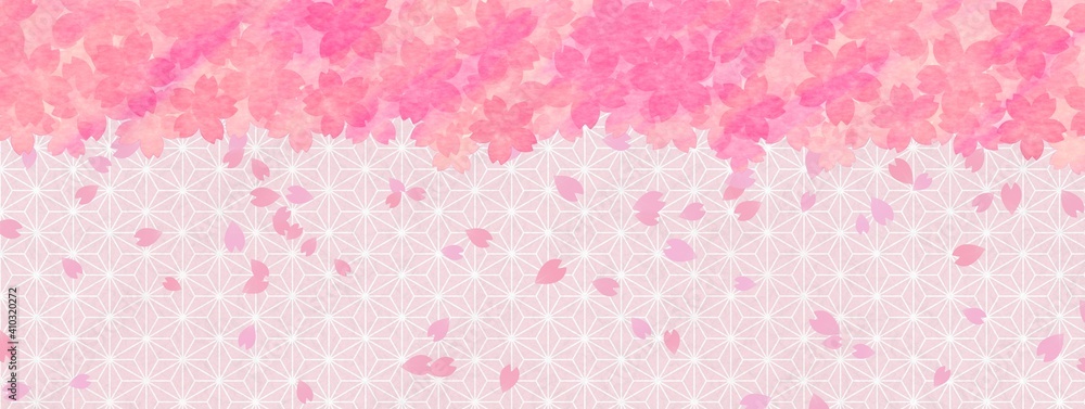 ピンクの麻の葉模様と舞う桜の背景素材