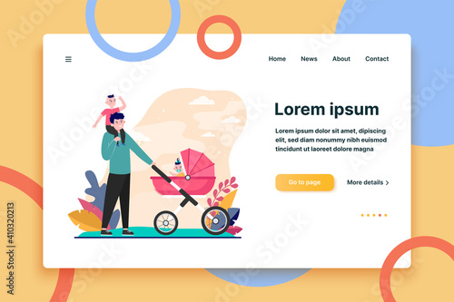 Happy father walking with children. Baby, carriage, park flat vector illustration. Family and fatherhood concept for banner, website design or landing web page