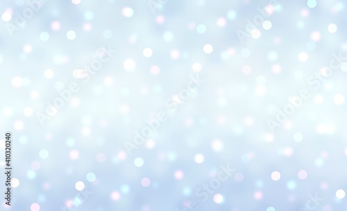 Bokeh sparkles light blue snowy abstract background. Pastel soft shimmer texture.