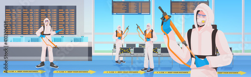 professional cleaners in hazmat suits janitors team cleaning and disinfecting floor to prevent coronavirus pandemic airport terminal interior horizontal vector illustration