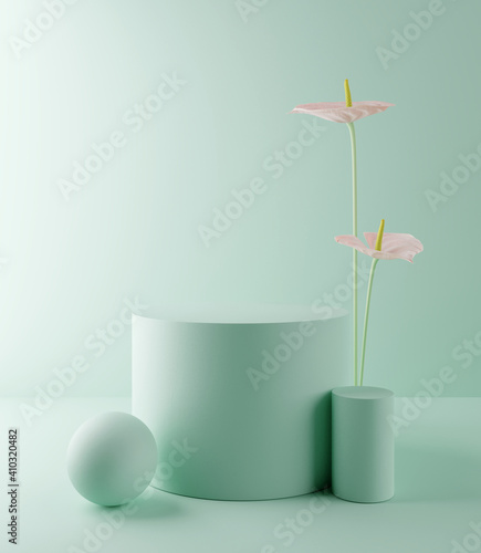 Podium product stand, Cosmetic display stand with anthurium flower on green background. 3D rendering 