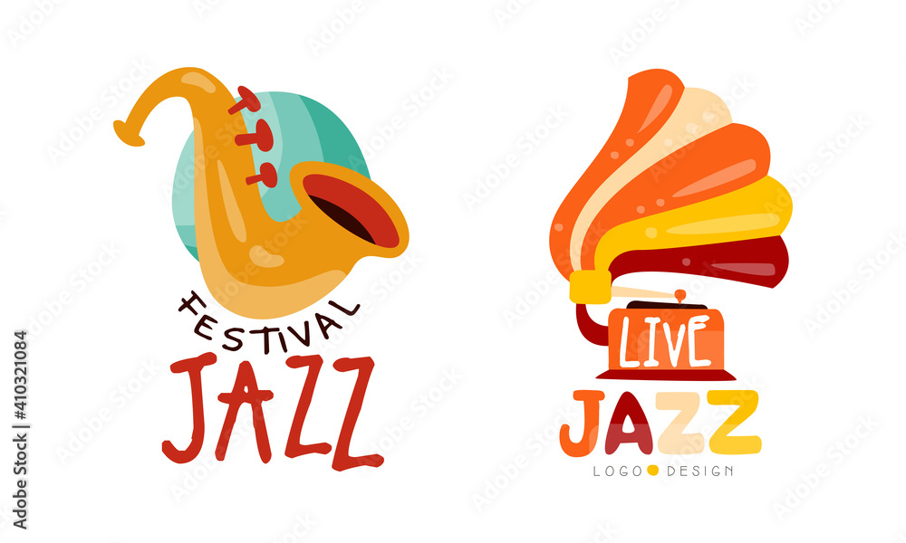 Αυτοκόλλητο Live Jazz Festival Logo Design Templates Set, Musical Event Labels Cartoon Vecto