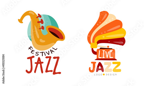 Photography Live Jazz Festival Logo Design Templates Set, Musical Event Labels Cartoon Vecto