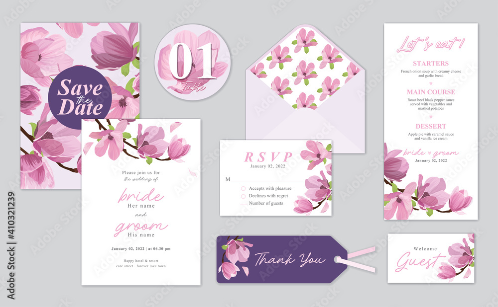 Magnolia flower background template. Vector set of floral element for wedding invitations, greeting card, envelope, voucher, brochures and banners design.