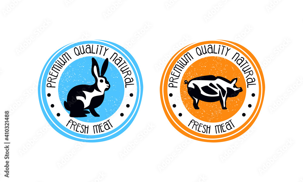 Obraz premium Fresh Meat Logo Design Templates, Premium Quality Natural Products Labels, Farm Market, Butchery Shop Badges Cartoon Style Vector Illustration