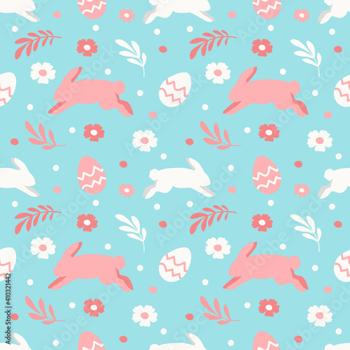 cute vector seamless pattern on Easter theme with hand drawn rabbits, flowers and colored eggs. pattern for printing on clothing, fabric, wrapping paper