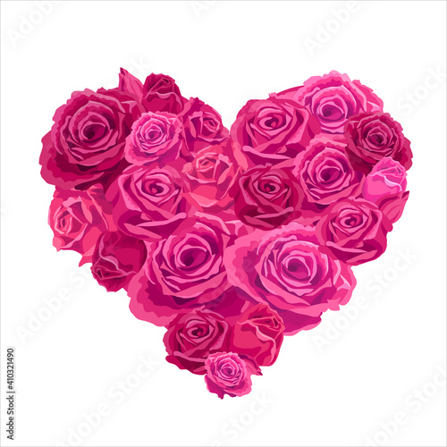 Heart-shaped bouquet with roses. Vector illustration, cards with beautiful flowers. Heart with pink flowers roses, concept, decoration for Happy Valentines day. White background, isolated object.