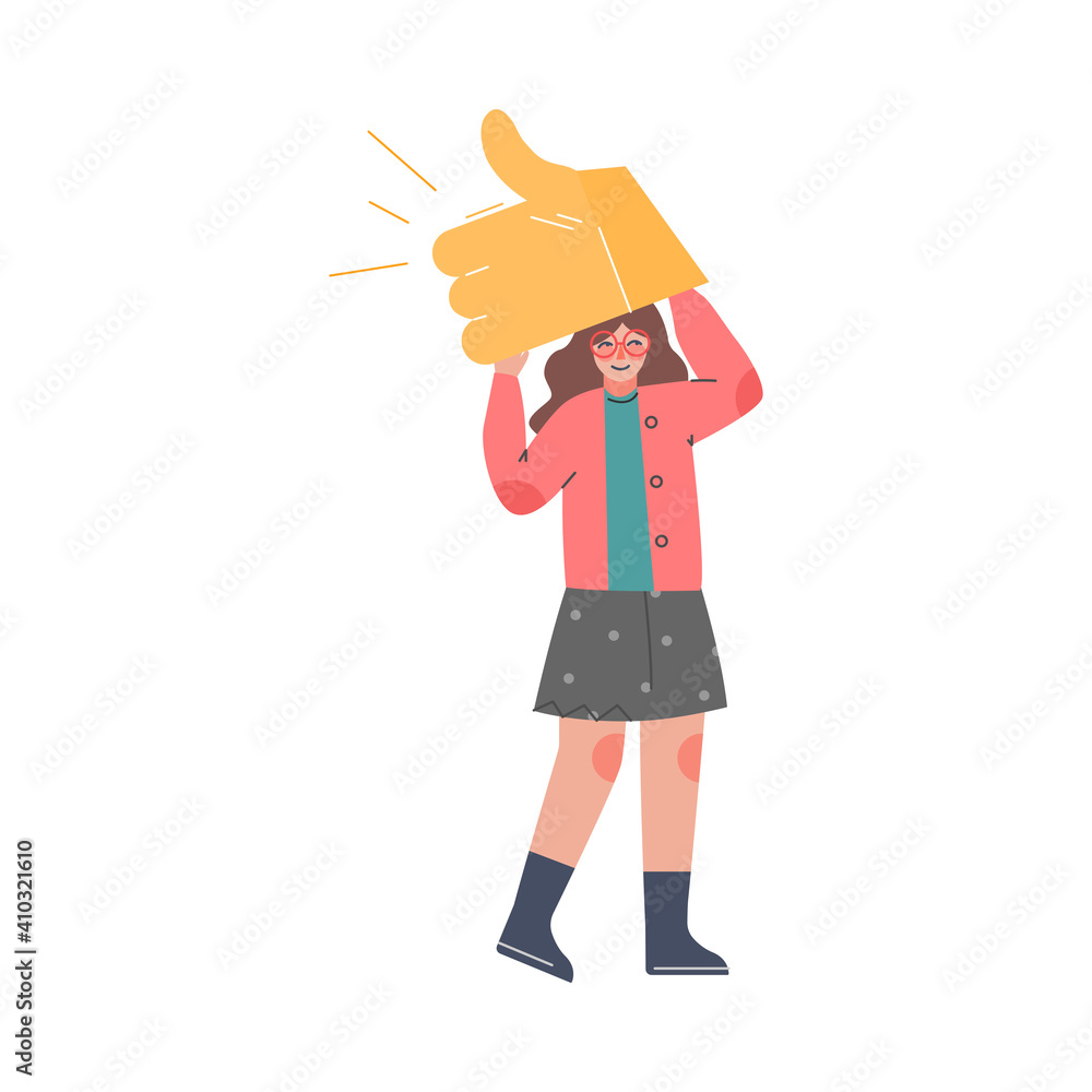 Girl Showing Thumb Up Sign, Female Follower Giving Like Expressing Agreement, Social Media Networking Concept Vector Illustration Girl Showing Thumb Up Sign, Female Follower Giving Like Expressing Agreement, Social Media Networking Concept Vector Illustration