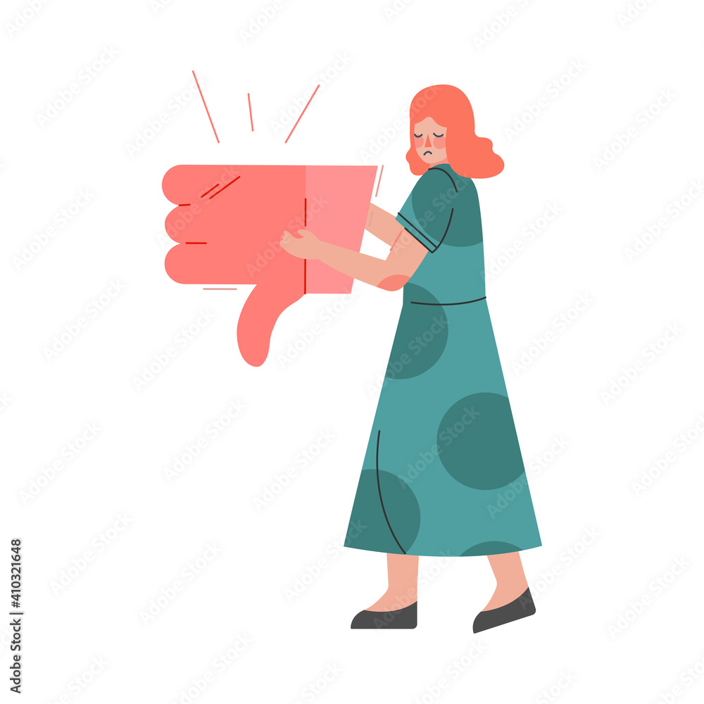 Young Woman Holding Thumb Down Sign in her Hands, Female Follower Giving Dislike Expressing Disagreement to Blogger or Post, Social Media Networking Vector Illustration Young Woman Holding Thumb Down Sign in her Hands, Female Follower Giving Dislike Expressing Disagreement to Blogger or Post, Social Media Networking Vector Illustration