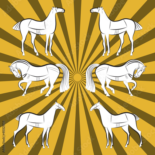 White horses silhouettes set. Mustangs three pairs on yellow and mustard rays background. White colored silhouettes with black outlines. Stallions hand drawing. Graceful animals group for stable, farm