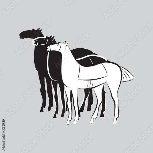 Three saddled standing horses. Black and white stallions silhouettes on gray background. Minimalistic style. Horse logo. Design idea for stable, farm, equestrian competition. Vector illustration EPS10