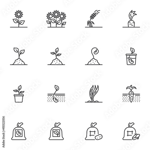 Gardening and agriculture line icons set, outline vector symbol collection, linear style pictogram pack. Signs, logo illustration. Set includes icons as growing plant, sprout in soil, seed bag, wheat