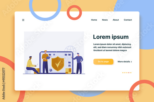 Antivirus and data safety. Developers with laptops standing near monitor with shield flat vector illustration. Software, access, safeguard concept for banner, website design or landing web page