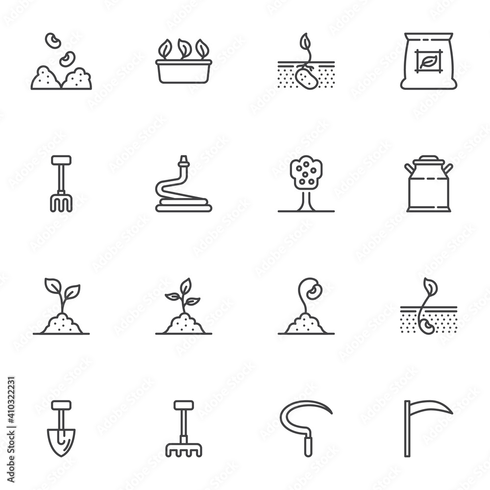 Agriculture, farming line icons set, outline vector symbol collection, linear style pictogram pack. Signs logo illustration. Set includes icons as gardening rake, shovel, watering hose, sprout in soil Agriculture, farming line icons set, outline vector symbol collection, linear style pictogram pack. Signs logo illustration. Set includes icons as gardening rake, shovel, watering hose, sprout in soil