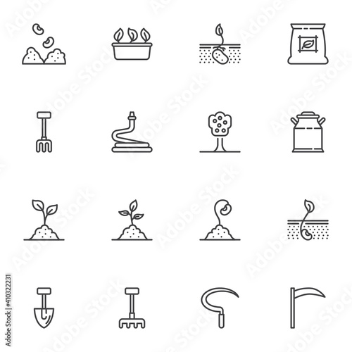 Agriculture, farming line icons set, outline vector symbol collection, linear style pictogram pack. Signs logo illustration. Set includes icons as gardening rake, shovel, watering hose, sprout in soil
