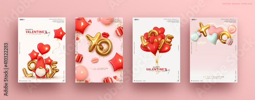 Valentines day. Romantic set vector backgrounds. Templates Festive gift card with realistic 3d design elements. Holiday banners, web poster, flyers and brochures, greeting cards, group bright covers