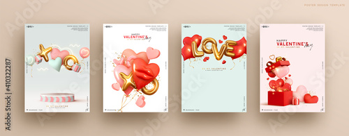 Valentines day. Romantic set vector backgrounds. Festive gift card templates with realistic 3d design elements. Holiday banners, web poster, flyers and brochures, greeting cards, group bright covers
