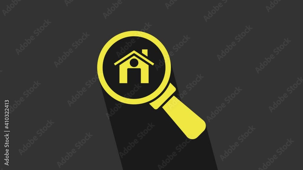Yellow Search house icon isolated on grey background. Real estate symbol of a house under magnifying glass. 4K Video motion graphic animation Yellow Search house icon isolated on grey background. Real estate symbol of a house under magnifying glass. 4K Video motion graphic animation