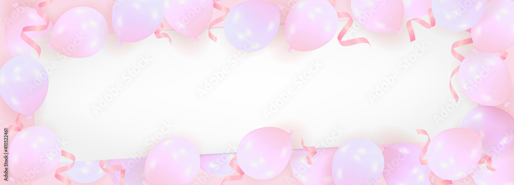 Pink background from realistic air balloons with a blank sheet of paper. Template for celebration of happy birthday, Valentines Day, wedding with space for text. Vector illustration Pink background from realistic air balloons with a blank sheet of paper. Template for celebration of happy birthday, Valentines Day, wedding with space for text. Vector illustration