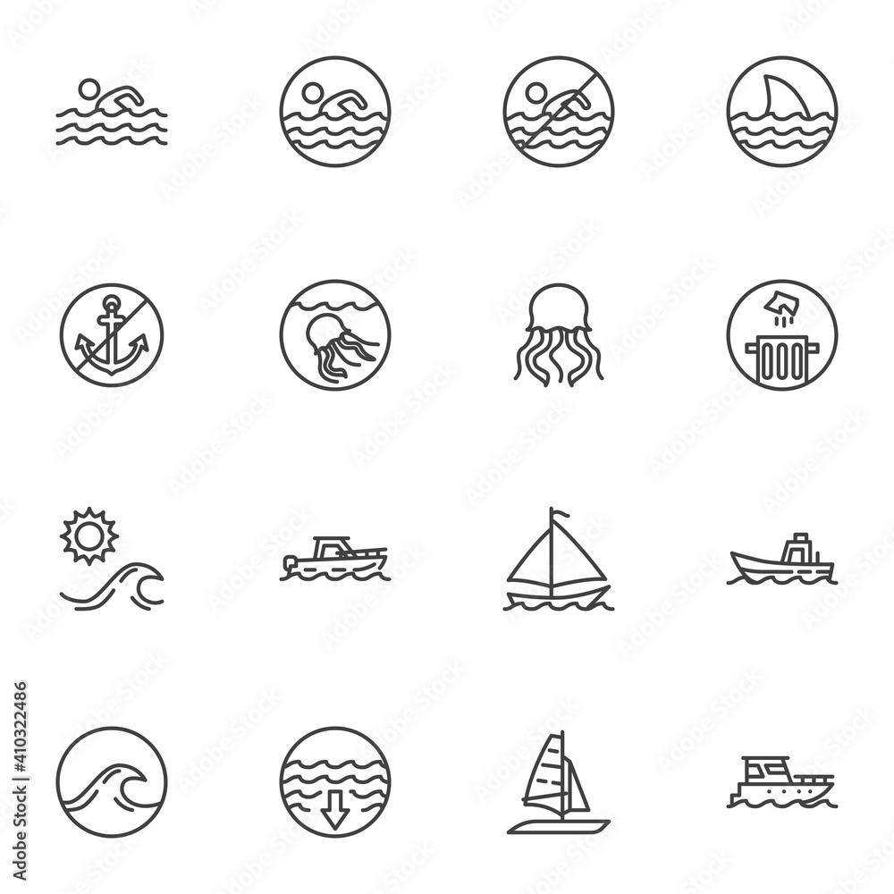 Swim related line icons set, outline vector symbol collection, linear style pictogram pack. Signs, logo illustration. Set includes icons as swimming man, sailboat, shark fin, beach, sea water waves Swim related line icons set, outline vector symbol collection, linear style pictogram pack. Signs, logo illustration. Set includes icons as swimming man, sailboat, shark fin, beach, sea water waves