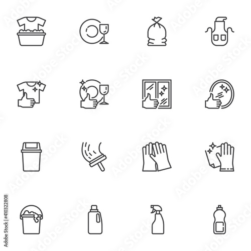 Maid and cleaning service line icons set, outline vector symbol collection, linear style pictogram pack. Signs logo illustration. Set includes icons - gloves, detergent spray, window cleaning, laundry